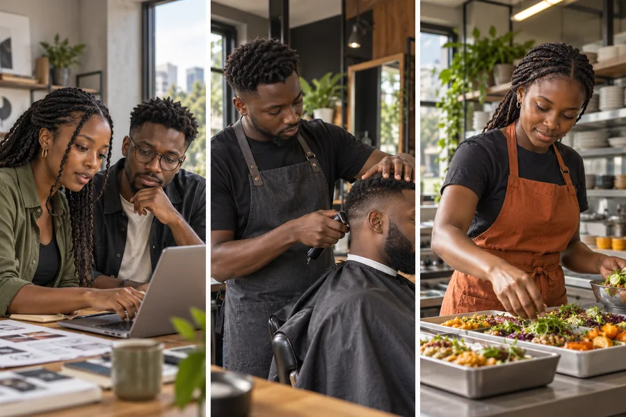 AI-generated scenes of young adults collaborating in a design studio, working in a barbershop and preparing food in a cafe kitchen
